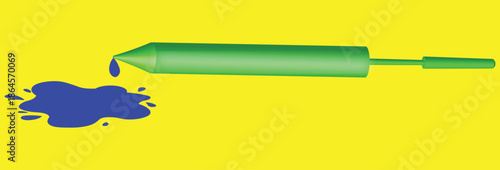 Vibrant green pichkari squirting blue color onto a splash, illustrating the festive spirit of Holi celebration on a bright yellow background.