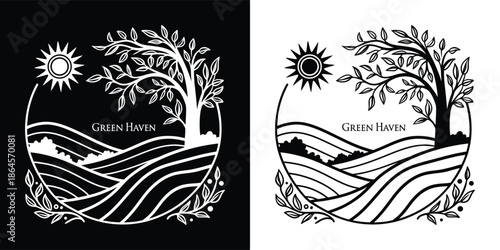 Circular line art illustration featuring a stylized tree, sun, and rolling fields, framed by foliage, in a clean black and white design