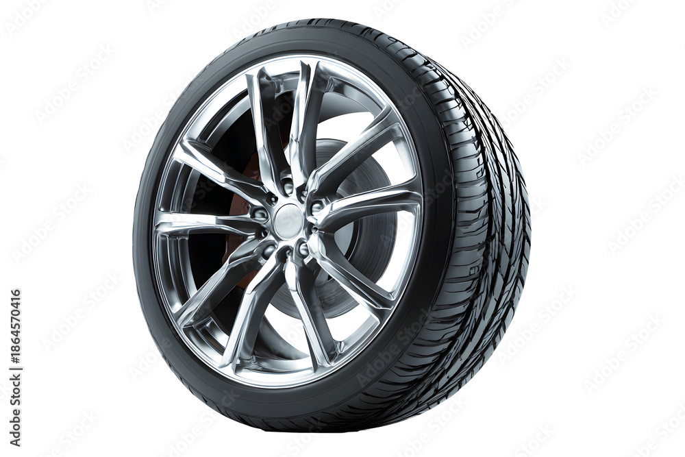 Fototapeta premium Black tire with wheel alloy isolated on cut out PNG transparent background. Transport vehicles transportation. Car wheels rim fluorescent silver chrome mag wheel black performance auto part decoration