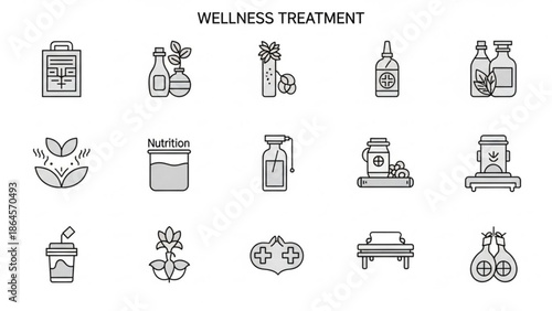 Wellness treatment icons including nutrition, medicine, and healthy lifestyle choices for fitness and self care with medical and symbol and sign with vector