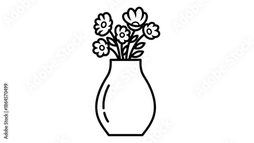 A black and white line drawing of a vase with flowers, simple floral arrangement in a decorative vase on a plain background with illustration and art