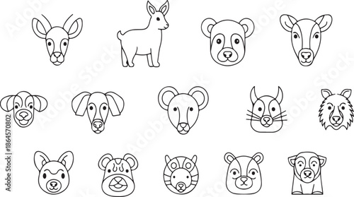 A collection of cute animal faces and heads drawn in simple black and white lines on a plain background