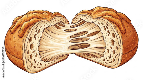 Delicious cut loaf of bread with crusty exterior and soft interior texture, showcasing crumb structure and holes, perfect for baking, cooking, or food