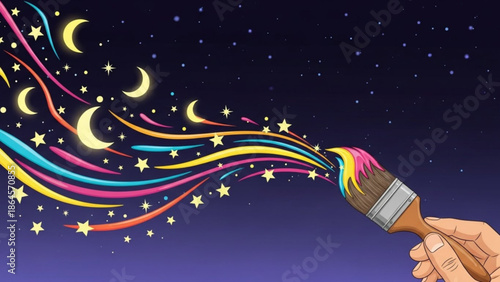 A hand holding a paintbrush with colorful stars and moons in the background creating a magical scene with vibrant colors and a sense of wonder with dreamy