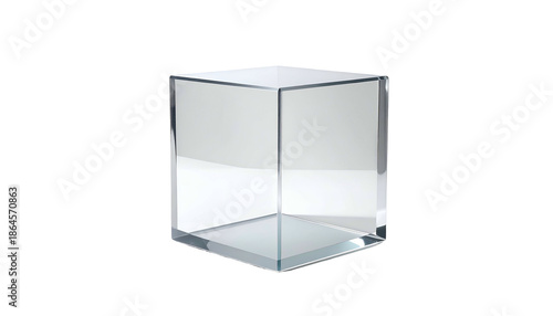 A transparent, three-dimensional cube rendered against a stark black background, showcasing its geometric structure and reflective surfaces