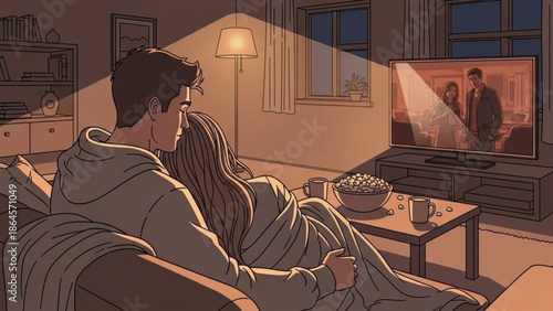 A cozy couple watches a romantic movie together on a couch in a warm living room with a lamp and TV
