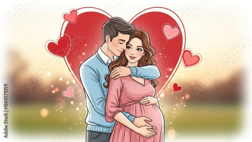 A loving couple expecting a baby, surrounded by hearts in a romantic setting