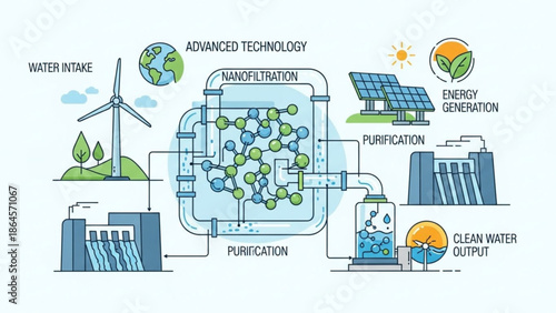 Advanced technology water purification system with nanofiltration process for clean water output using renewable energy sources like wind turbines with ecology
