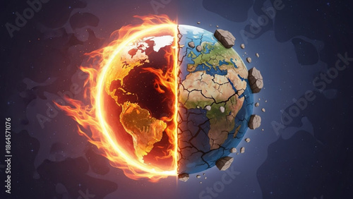 Split earth with one side on fire and the other cracked and broken, symbolizing climate change and global crisis, environmental disaster concept with planet