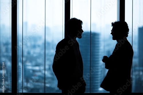 Business professionals talking near window silhouette
