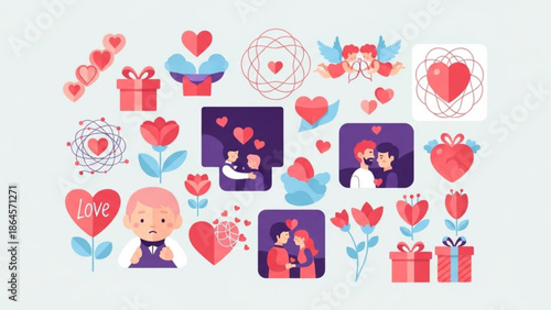 A colorful vector graphic illustration of Valentine's Day icons and symbols, including hearts, flowers, and gifts.