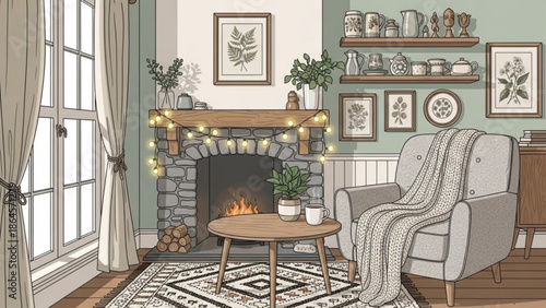 Cozy living room with fireplace, armchair, and coffee table, warm and inviting home interior with string lights and plants, comfortable seating area