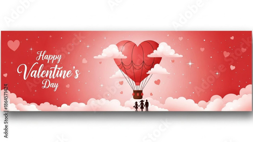 A heart-shaped hot air balloon with a couple flying in it on Valentine's Day