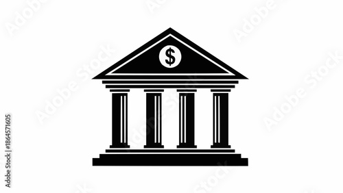 Bank Building Icon with Dollar Sign in Black and White.
