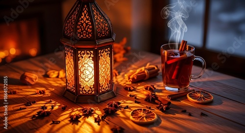 Decorative lantern and warm drink on wooden table creating cozy atmosphere
