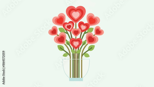 Bouquet of red hearts and flowers arranged in a vase on a white background