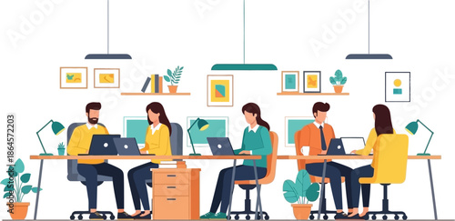 Five diverse coworkers diligently working together on laptops at a long modern office desk promoting team collaboration and productivity