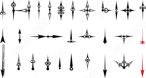 Decorative Clock Hands and Compass Arrow Collection Vintage Gothic Direction Pointer Vector Set