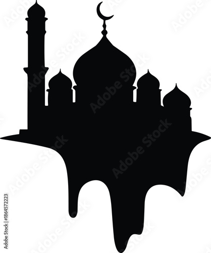 Mosque Silhouette with Crescent Moon Abstract Dripping Shape Islamic Architecture Vector Illustration