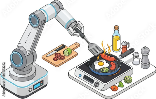 Robotic arm cooking breakfast in a futuristic kitchen automated food preparation concept with illustration of smart technology and culinary innovation