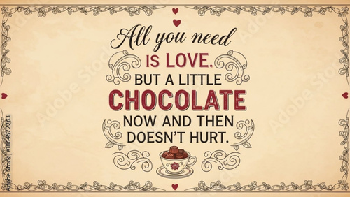 A vector graphic illustration of a romantic quote about love and chocolate in a decorative design