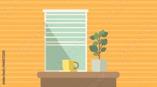 Minimalist Still Life With Orange Horizontal Stripe Wall Background Featuring Window Plant and Yellow Mug on a Tabletop in Daytime