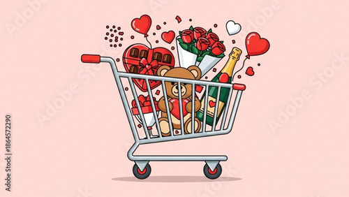 A colorful illustration of a shopping cart filled with gifts and flowers for a romantic occasion