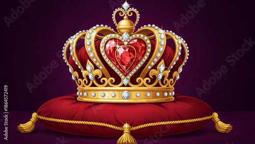 A luxurious gold crown with a red heart-shaped jewel sits atop a velvet pillow