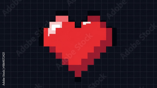A pixel art illustration of a red heart on a dark grid background