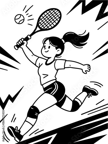 An energetic woman leaps high to strike a ball with a racquet in this dynamic black and white vector illustration for sports like padel, squash, or tennis