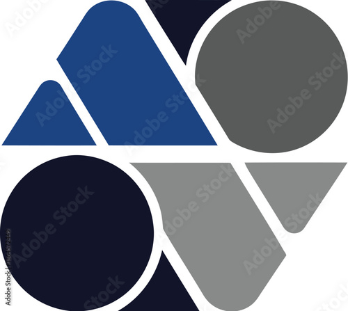 Abstract geometric logo design featuring intersecting shapes and strong modern color blocking utilizing deep blue and various shades of gray tones.