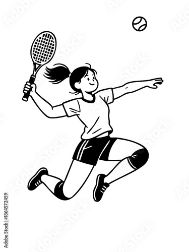 A cheerful female padel player jumps to hit a high volley or smash, depicted in a minimalist black and white vector line art illustration