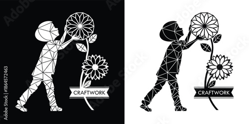 Monochrome graphic illustration of a child reaching for a stylized flower with a craftwork banner, symbolizing creativity and childhood