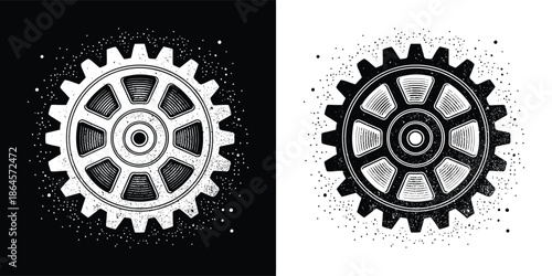 Abstract grunge style gear illustration in black and white, featuring a distressed texture for industrial and mechanical design concepts