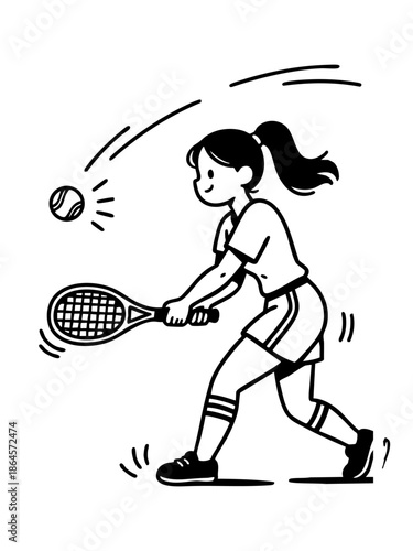 Stylized vector line art depicts a smiling woman playing padel, executing a forehand stroke with a racket to hit the speeding ball