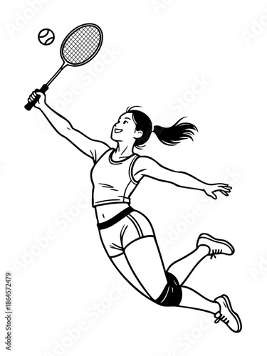 A dynamic vector illustration of a happy woman jumping high to hit a padel ball with an energetic overhead shot, depicted in a bold  outline