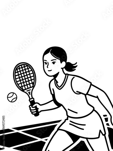 A dynamic vector illustration shows a female padel player in action, ready to hit the ball during a competitive match or training session