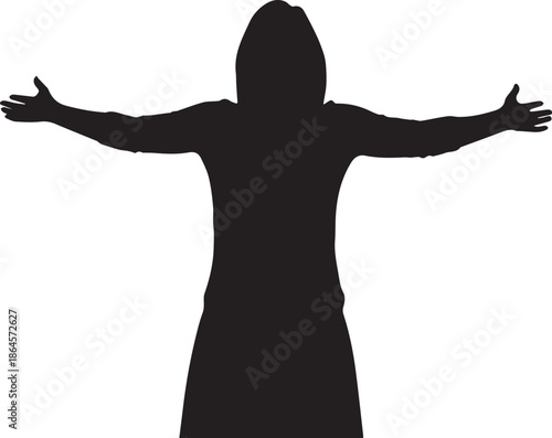 Silhouette of a woman with arms outstretched in a welcoming gesture
