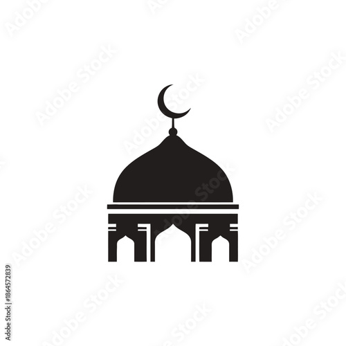 Simple black mosque icon with crescent moon on dome against white background.