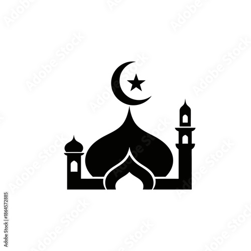 Islamic Mosque Silhouette with Crescent Moon and Star.