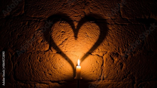 Single lit candle casting large heart shaped shadow on rustic stone wall in dark room