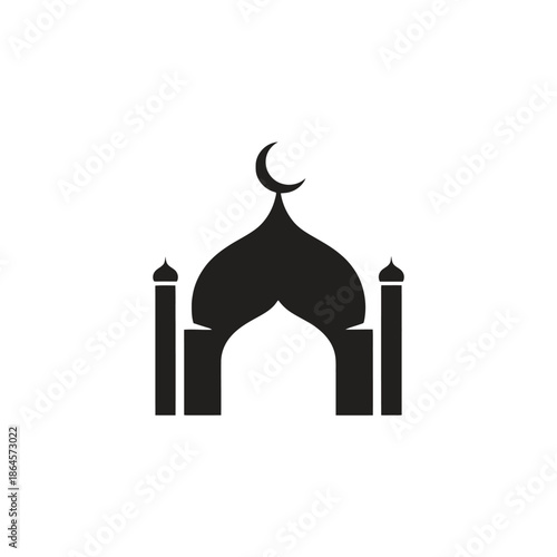 Islamic Mosque Silhouette with Crescent Moon and Minarets.