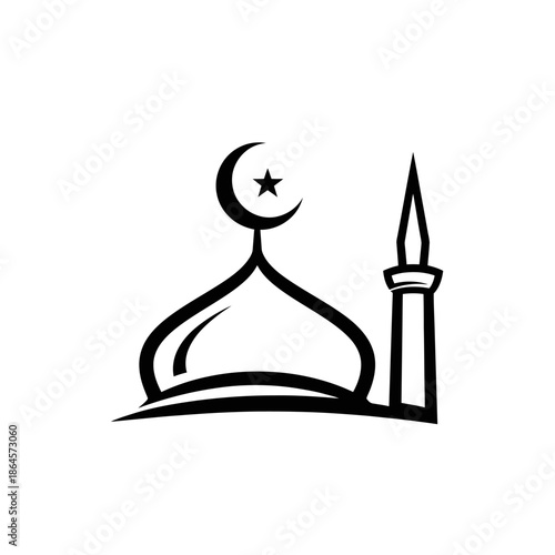 Simple black and white illustration of a mosque with a crescent moon and star.