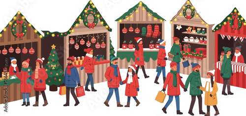 Shoppers enjoying the festive atmosphere while browsing various goods and warm drinks at a charming outdoor winter holiday market scene