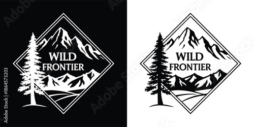 Wild frontier mountain and pine tree logo design in black and white, representing adventure, nature, and outdoor exploration