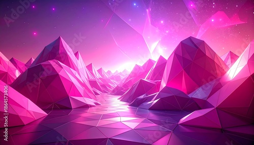 Geometric landscape with peaks, reflecting pools, and starry skies