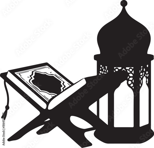 Black and white of Quran and mosque lamp holy book
