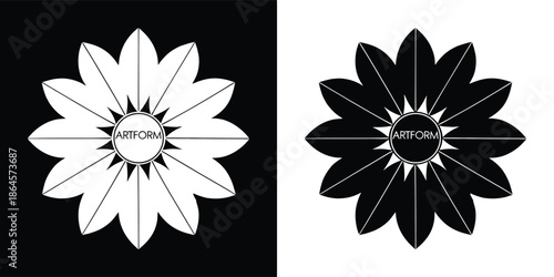 Abstract black and white floral design with radiating petals and central circle, showcasing positive and negative space contrast and symmetry