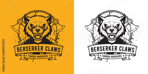 Berserker Claws Tundra Warriors Logo, Wild Cat Bobcat Mascot with Crossed Battle Axes