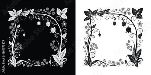 Elegant floral frame illustration featuring delicate bellflowers, swirling vines, and butterflies in contrasting black and white styles